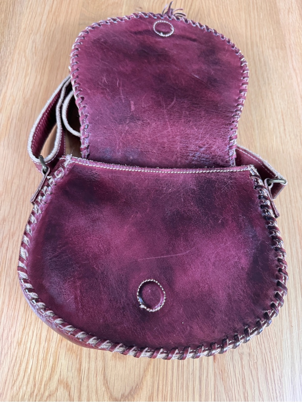 BED|STU Burgundy Whipstitch Leather Crossbody with Tassel Halfmoon - Picture 4 of 9